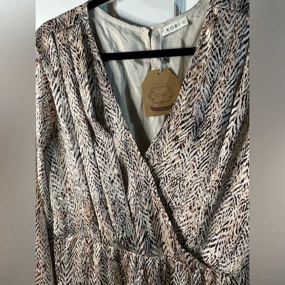 Kori Women's Surplice Tan Satiny Dress Large NWT - Picture 5 of 9